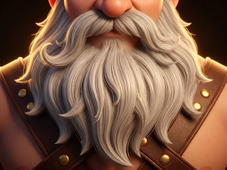 Close da barba longa e marfim, com o bigode curvado