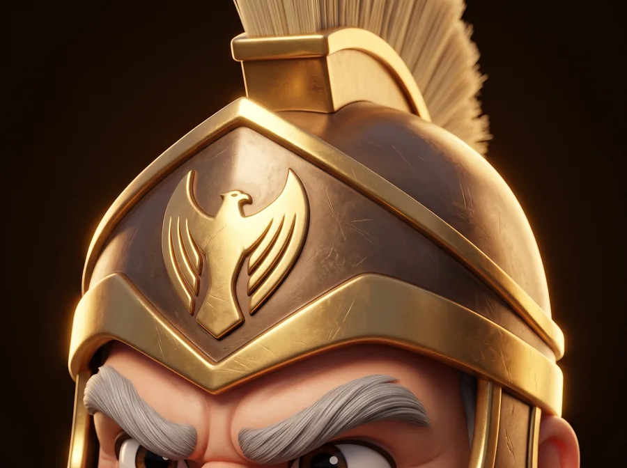 Close do capacete dourado com a águia da Forza em relevo e a crista cor de palha
