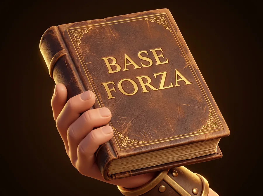 Close do livro de couro marrom com o título Base Forza em letras douradas