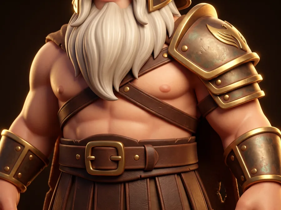 Close do traje de gladiador: correias de couro, cinto com fivela dourada e braçadeiras de bronze